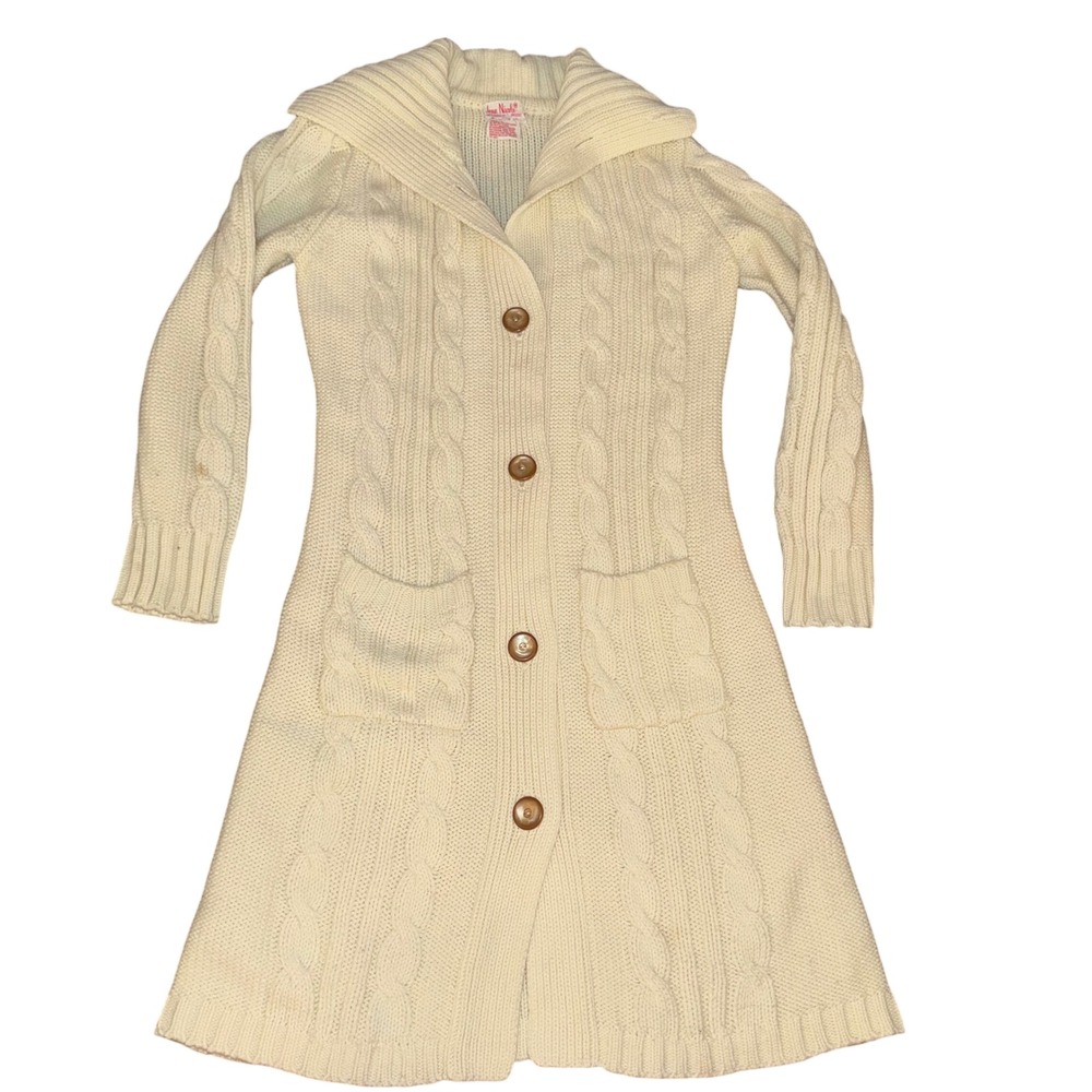 Cream Cable Knit Button Front‎ Long Cardigan Sweater Shawl Collar Pockets